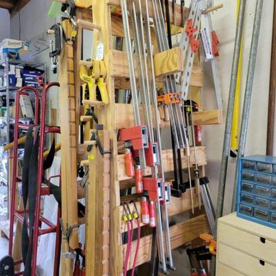 Clamps of all sizes on custom-made clamp rack. 