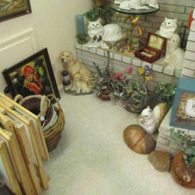 Animal lovers! We have cute cat & dog statues. Also, a stunning vintage gilded lily glass top table by designer: Arthur Court