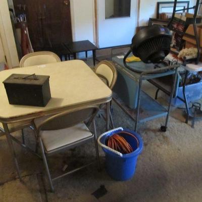 Amazing mid-century folding card table & matching chairs, as well as a kitchen drop-leaf cart.