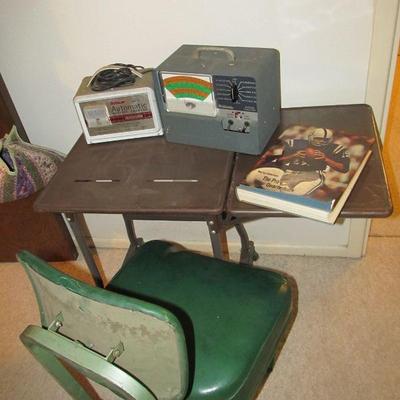 Antique industrial office table & office chair, 1966 "Pro Football" book by Murray Olderman