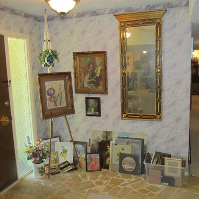 Tall hanging gilded vintage wall mirror, vintage framed & unframed fine art