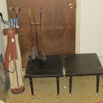 vintage golf clubs, mid-century end tables pair