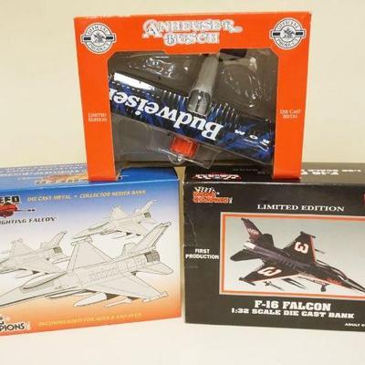 1324	LOT OF 3 BOXED AIRPLANE BANKS LOCKHEED, F-16 FALCON, BUDWEISER
