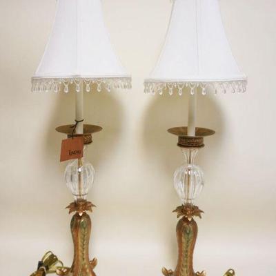 1110	PAIR OF ORNATE METAL & GLASS TYNDALE TABLE LAMPS, APPROXIMATELY 35 IN HIGH
