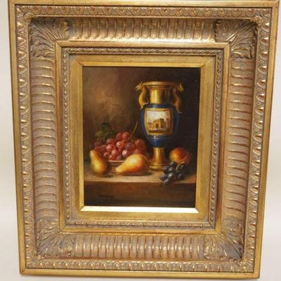 1129	CONTEMPORARY OIL PAINTING ON CANVAS IN GILT FRAME, ARTIST SIGNED, STILL LIFE, APPROXIMATELY 16 IN X 18 IN OVERALL
