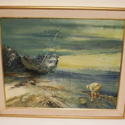 1139	OIL PAINTING ON CANVAS, SHIPWRECK ON SHORE W/FISHERMAN, ARTIST SIGNED REALE, APPROXIMATELY 33 IN X 27 IN OVERALL
