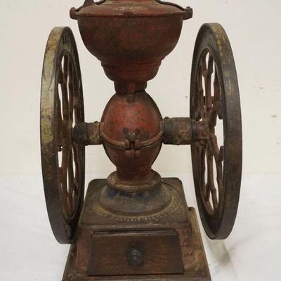1152	ANTIQUE DOUBLE WHEEL MERIDEN COFFEE GRINDER, #700 THE CHAS PARKER CO MAKERS, CT USA, APPROXIMATELY 23 IN HIGH
