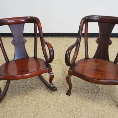 1229	PAIR OF UNUSUAL CURVED SWAN NECK ARM MAHOGANY ROCKER & CHAIR

