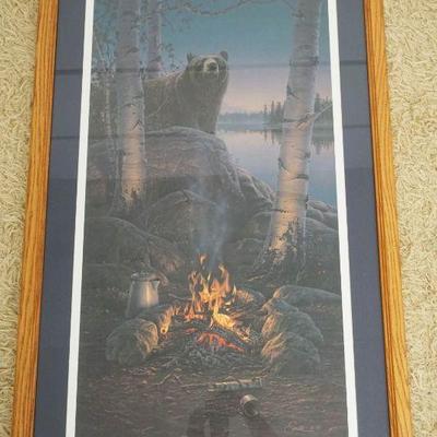 1287	LARGE FRAMED & MATTED PRINT OF BLACK BEAR APPROACHING CAMPFIRE, SIGNED DANIEL SMITH 333/1750, APPROXIMATELY 25 IN X 43 IN OVERALL
