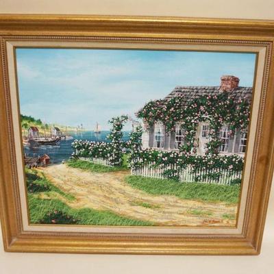 1136	OIL PAINTING ON CANVAS SIGNED JAMES W MADDOCKS OF COTTAGE ON SHORE, APPROXIMATELY 26 IN X 29 IN OVERALL
