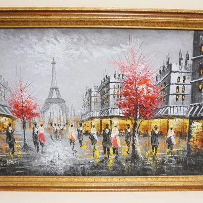 1134	LARGE CONTEMPORARY OIL PAINTING ON CANVAS, PARIS STREET SCENE SIGNED BURNET, APPROXIMATELY 41 IN X 30 IN
