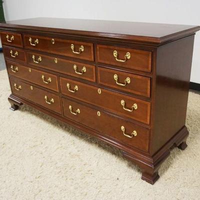 1189	COUNCIL MAHOGANY LOW CHEST W/10 BANDED INLAID DRAWERS ON BRACKET FEET, APPROXIMATELY 66 IN X 20 IN X 34 IN HIGH
