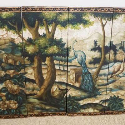 1266	4 PART HANGING WALL MURAL ON WOOD W/PEACOCKS IN FOREST, APPROXIMATELY 62 in x 42 in
