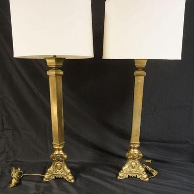 1261	PAIR OF RELIGIOUS BRASS PRICKET STICK TABLE LAMPS, APPROXIMATELY 41 IN HIGH
