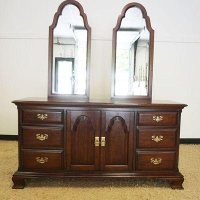 1210	PENNSYLVANIA HOUSE SOLID BLACK CHERRY LOW CHEST W/ATTACHED DOUBLE MIRRORS, APPROXIMATELY 67 IN X 21 IN X 78 IN HIGH
