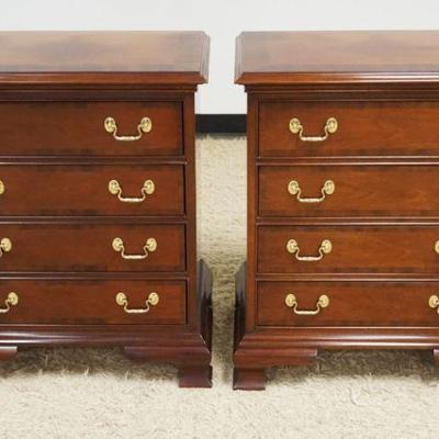 1191	PAIR COUNCIL 4 DRAWER BEDSIDE CHESTS W/BANDED DRAWERS & BRACKET FEET, APPROXIMATELY 26 IN X 16 IN X 31 IN HIGH. SUN FADING ON TOP
