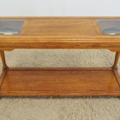 1176	SOLID OAK BASSETT SOFA TABLE W/INSET BEVELED GLASS TOP, APPROXIMATELY 53 IN X 17 IN X 27 IN HIGH

