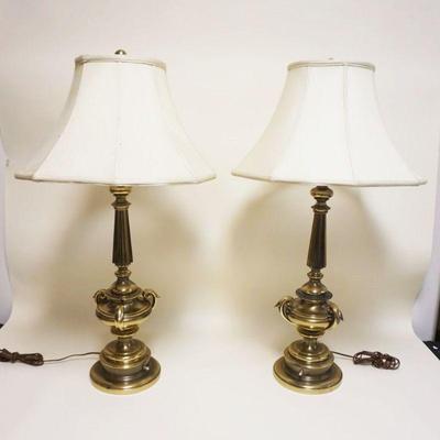 1113	PAIR OF BRASS TAPERED COLUMN & URN TABLE LAMPS, APPROXIMATELY 34 IN HIGH
