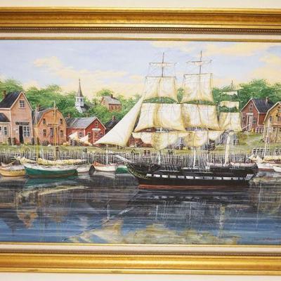 1137	OIL PAINTING ON CANVAS SIGNED JAMES W MADDOCKS, SHIPS & BOATS ON NEW ENGLAND SHORE W/VILLAGE, APPROXIMATELY 30 IN X 42 IN OVERALL

