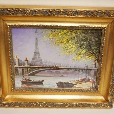 1144	CONTEMPORARY FRAMED PRINT OF EIFFEL TOWER IN DEEP GILT FRAME, APPROXIMATELY 20 IN X 22 IN OVERALL
