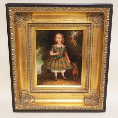 1126	CONTEMPORARY OIL PAINTING ON CANVAS IN GILT FRAME, ARTIST SIGNED, PORTRAIT OF YOUNG GIRL & DOG, APPROXIMATELY 16 IN X 18 IN OVERALL
