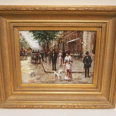 1127	CONTEMPORARY OIL PAINTING ON CANVAS IN GILT FRAME, ARTIST SIGNED, STREET SCENE, APPROXIMATELY 21 IN X 26 IN OVERALL
