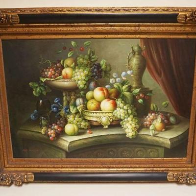 1133	LARGE CONTEMPORARY OIL PAINTING ON CANVAS, FRAMED OF STILL LIFE, ARTIST SIGNED, APPROXIMATELY 34 IN X 45 IN OVERALL
