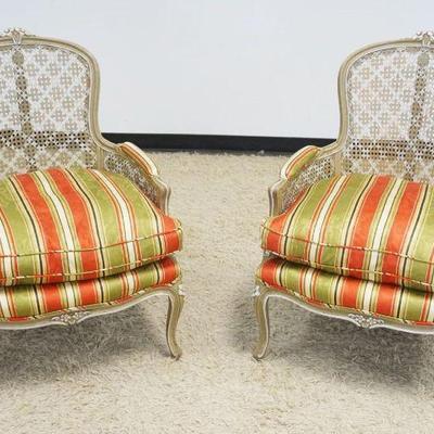 1196	PAIR OF ORNATE UNMARKED BAKER ARMCHAIRS, FRENCH PROVINCIAL W/CANE ARMS & BACK
