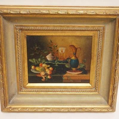 1128	CONTEMPORARY OIL PAINTING ON CANVAS IN GILT FRAME, ARTIST SIGNED, STILL LIFE, APPROXIMATELY 16 IN X 18 IN OVERALL
