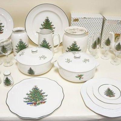 1106	LOT OF ASSORTED CUTHBERTSON CHRISTMAS TREE CHINA, INCLUDING 12 - 10 1/4 IN PLATES, CASSAROLE DISHES, BOWLS, GLASSES, SALT & PEPPER,...