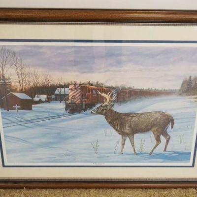 1284	LARGE FRAMED & MATTED STAG LTD PRINT AT RR EDGE W/LOCOMOTIVE, SIGNED PAUL LARRABEE 45/500 *WINTER ENCOUNTER*
