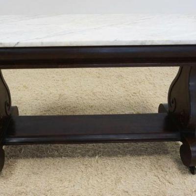1223	EMPIRE MAHOGANY MARBLE TOP STAND W/LYRE SIDES & SCROLL FEET, APPROXIMATELY 49 IN X 23 IN X 30 IN HIGH
