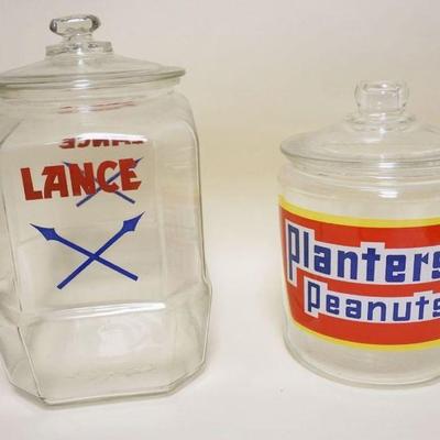 1280	PLANTERS PEANUT & LANCE GLASS STORE COUNTER JARS, TALLEST APPROXIMATELY 13 IN HIGH
