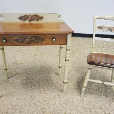 1217	CONTEMPORARY HITCHCOCK WRITING TABLE, ONE DRAWER, STENCILED & PAINT DECORATED W/SIDE CHAIR, WEAR TO TOP SURFACE, TABLE APPROXIMATELY...