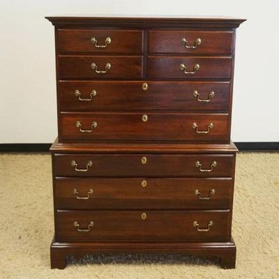 1237	LINK-TAYLOR HEIRLOOM SOLID MAHOGANY HIGH CHEST, 9 DRAWER ON BRACKET FEET, APPROXIMATELY 40 IN X 20 IN X 56 IN HIGH, SUN FADE TO...