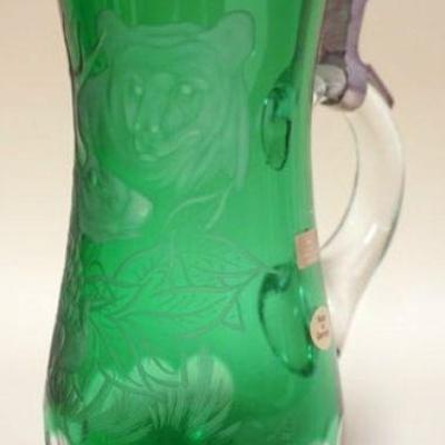 1056	BAVARIAN CRYSTAL EMERALD GREEN ETCHED GLASS STEIN JEWELED PEWTER LID, APPROXIMATELY 9 IN H. SIGNED & NUMBERED
