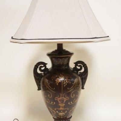 1114	ORNATE TABLE LAMP IN THE FORM OF A DOUBLE HANDLED URN W/PAINT DECORATED BIRDS
