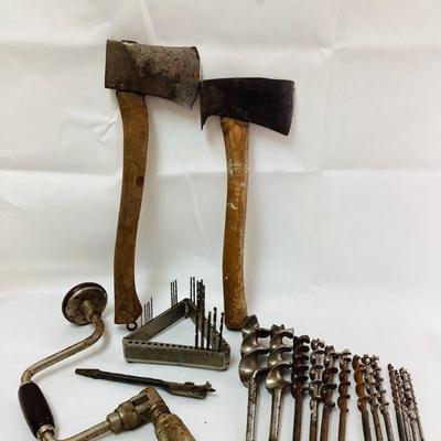 JIFI711 Antique Bit Index Holder, Stanley Hand Drill & More	Lot includes: Â Rockford Greenlee Auger Drill bits, as well as Axes and more.
