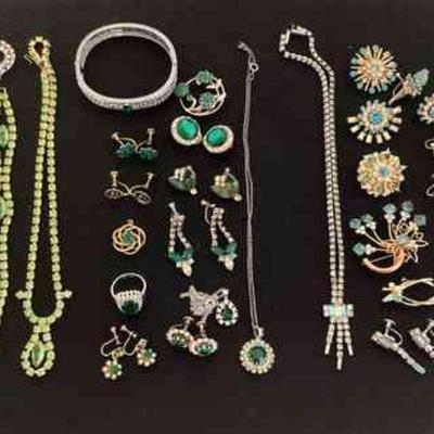 RIHE103 Vintage Rhinestone Jewelry	Assortment of beautiful & colorful, vintage pieces. Colors are aqua, emerald green & purple. Ring is...