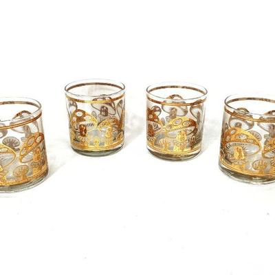 RIHI937 Signed Culver Gilded Mushroom Tumbler Set	Vintage Mid-Century set of four 8oz tumbler glasses with 22k gold mushrooms, Culver,...