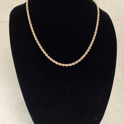 KIHE111 14k Gold Rope Chain	Very nice, approximately, 10.5 inch trusted rope chain with very secure, safety clasp. About 11.42 grams.Â 
