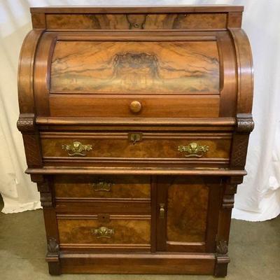 JIFI204 c.1790-1800 Roll Top Desk	Combination wood mahogany & burl wood panel, possibly black walnut as well.. 3 drawer with Commode...