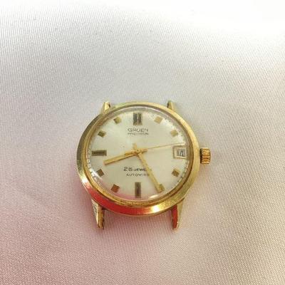 KIHE117 Menâ€™s Vintage 14k Gold Gruen Precsion Watch	No wristband, this is a working 25 jewel auto wind men's watch. Bezel is scratched...