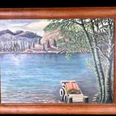 JIFI914 Antique Oil On Panel Painting	Lake scene with fishing boat on dock oil painting framed in solid wood frame.
