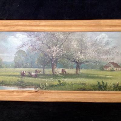 JIFI917 Large Framed Oil On Canvas	Pastoral scene with beautiful aged wood frame. Unknown artist.
