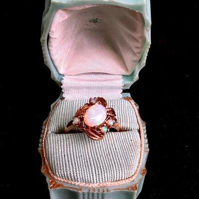 RIHI951 10k Gold & Opal Ring	Vintage rose gold and opal women's ring, 10k, AJ stamped inside ring, passed 10k acid test.
