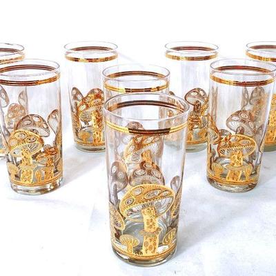 RIHI936 Vintage MCM 22K Gold Culver Mushroom Glasses	Set of 6 highball mushroom glasses signed Culver, Ltd., pressed in gold on each...