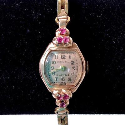 RIHI949 Vintage Cromwell 14k & Ruby Rose Gold Watch	Ladies watch, wrist band & crown not gold, 17 jewel, & in working order,...