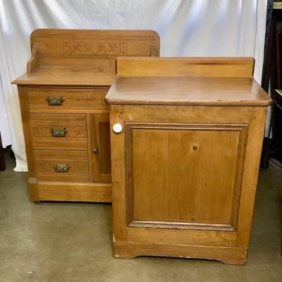 JIFI209 Antique Washstand Duo	1st washstand has some nice handcrafted design. Has the original wheels. Has 3 drawers and a cabinet door....