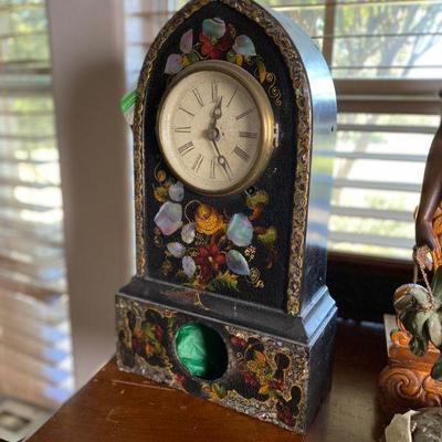 1840's Terry & Andrews shelf clock. Cast iron and mother of pearl inlays. (Bottom glass is in the green bag inside of the clock) Key...